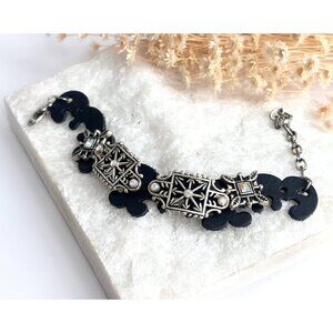 Faux Black Leather Boho Gemstone Silver T Adjustable Vintage Bracelet - 7" - 9"